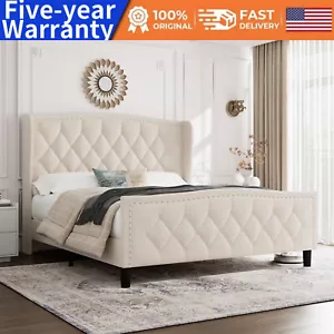 Full Bed Frame Velvet Upholstered Platform Bed with Wing Side Headboard Sturdy - Picture 1 of 9