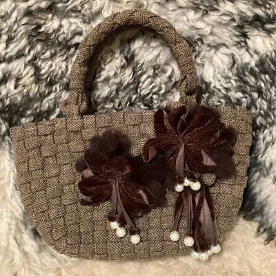 Kontessa Italy Brown Tweed Weave Pearl Detail Drawstring Hand Bag RRP €100+ - Image 1 of 4