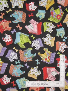 Loralie Joy Dog Puppy House Bone Toss Black Cotton Fabric Loralie By The Yard - Picture 1 of 1