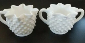 Vintage Fenton Crimped Hobnail White Milk Glass Cream Pitcher & Open Sugar Bowl - Picture 1 of 4