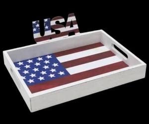 Bandeja para servir bandera americana de madera rústica bandeja bandera patriótica cuarta decoración del hogar - Imagen 1 de 3