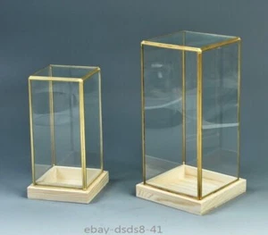 Figures Display Case Copper Trim Wooden Base Glass Doll Art Dust Protect Cover - Picture 1 of 17