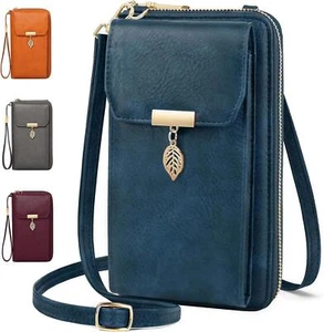 Handytasche Damen Umhänge Leder RFID Schutz 12 Karten Dunkelblau - Bild 1 von 8