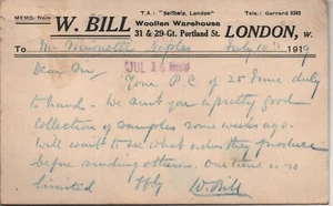 Postcard - W. Bill Woolleen Warehouse, London - 1919 - Sales Tool - Note Card - Photo 1/2