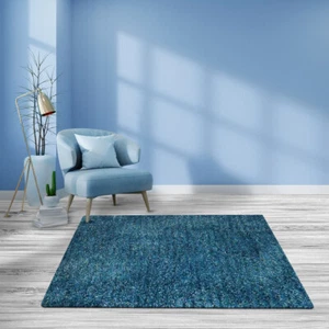 Eco-Friendly Hand Tufted Shag Polyester Square Area Rug Solid Turquoise White - Picture 1 of 5