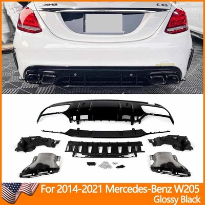 C63 Style Rear Diffuser W/Exhaust Tips For 2014-2021 Mercedes-Benz W205 S205 C43 - Image 1 of 4