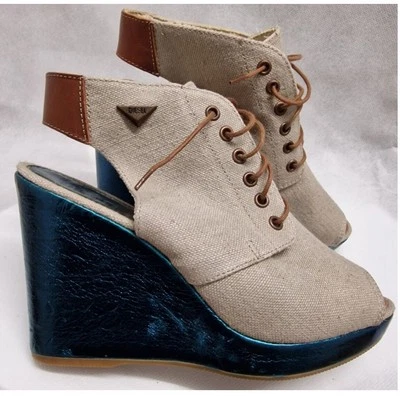 Diesel Metallic Cotton Canvas Wedge Shoes Boots Size 7 Stone Beige Blue RRP £135 - Image 1 of 2