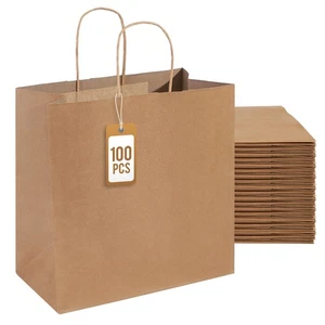 100Pcs Brown Paper Bags with Handles, Large 11x6x11 Inch Kraft Grocery Shoppi... - Picture 1 of 6