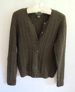 Eddie Bauer brown cable knit cotton blend long sleeve cardigan sweater *Sz L* - Picture 1 of 5