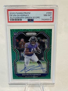 2020 Panini Prizm Devin Duvernay Green Scope Auto /75 RC Rookie Card #380. PSA 8