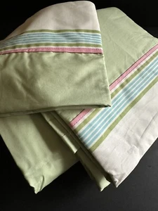3pc Nautica Green Twin Sheet Set Flat Fitted Pillow Case Pink Blue Stripe Trim - Picture 1 of 24