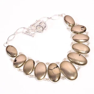 Golden Pyrite Gemstone Silver Plated Bohemian Necklace Jewelry 18" - Picture 1 of 1
