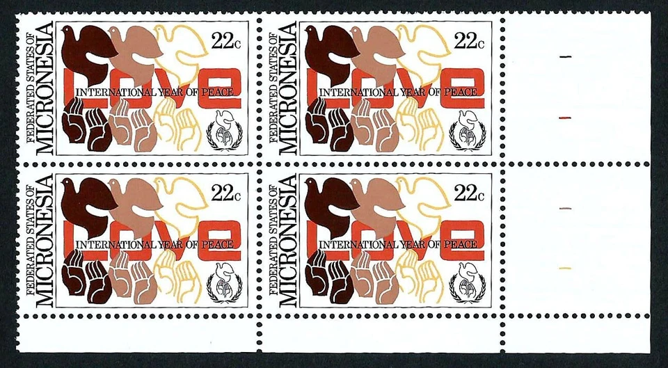 MICRONESIA, SCOTT # 46, PLATE BLOCK OF INTERNATIONAL YEAR OF PEACE, MNH, 1986 - Image 1 of 1