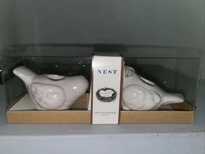 NIB NEW MUD PIE Nest White Glossy Bird Taper Candle Holder (Set of 2) #4984022 - Image 1 of 4