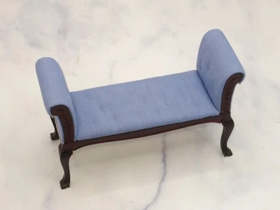 Classics Dark Wood Blue Tufted Cotton Boudoir Bench - Dollhouse Miniature - Image 1 of 4