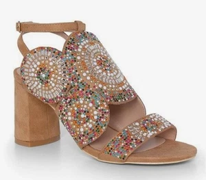 New Size 8 Venus Embellished Block Heels Beaded Ankle Strap Boho Sandals - Picture 1 of 8
