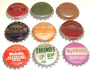 Vintage Unused Lot 9 Soda Bottle Caps Thumbs Up, Nu Grape, Jumbo, Barq's Peach - Picture 1 of 3