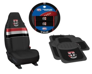 SET OF 3 ST KILDA SAINTS AFL CAR SEAT COVERS + STEERING WHEEL COVER + FLOOR MATS - Picture 1 of 4