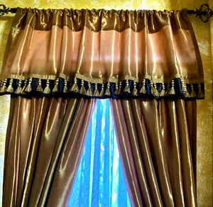 Black Out Valance Faux Silk Antique Gold 54"W x18"L Tassel Fringe & Rod Pocket - Picture 1 of 5