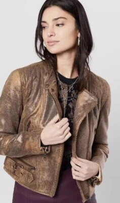 We The Free Free People Snakeskin Fenix Vegan Leather Moto Jacket S $198 Brown B - Image 1 of 4