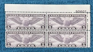 Scott #C16, 5c Winged Globe rotary press plate block, UL, plate #20607, F/VF MNH - Picture 1 of 2