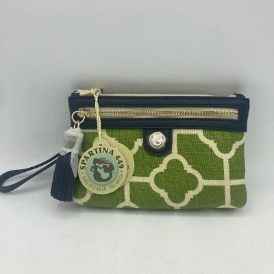 Bolso sin asas Spartina 449 borla muñeca cuero lino cremallera Martinangel verde marfil Foto 1 de 4