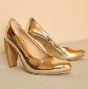Gold Vegan Leather Heels EU 37 US 7 With Wooden Block Heel SYDNEY BROWN - Picture 1 of 12