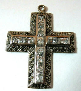 LARGE LADIES 925 STERLING SILVER CROSS W/ ZIRCONIA MARCASIDE STONES PENDANT 18gr - Picture 1 of 4