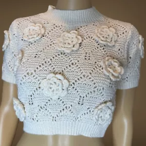 Women Boho Crop Sweater Small Cream Woven Flower Short Sleeve Eyelet Crew Neck - Picture 1 of 12
