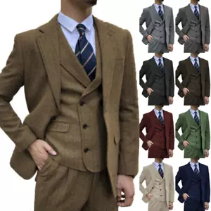 Mens 3 Piece Suit Vintage Western Herringbone Formal Wool Tweed Suit 42r 44r 46r - Picture 1 of 23