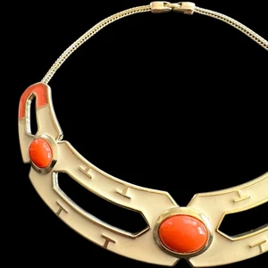 Vintage Halsband Choker Halskette Orange Cabochon Gold Creme Emaille Grob Statement - Bild 1 von 9