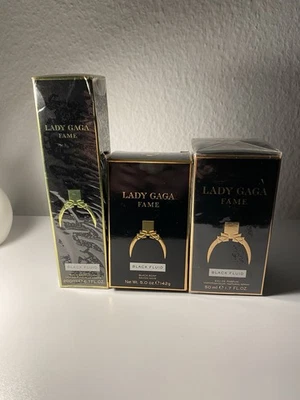 Lady Gaga Fame Parfum 50ml EDP+ Body Lotion 200ml + Black Fluid Soap 142g - Image 1 of 4