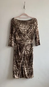 Max Mara Jersey Pencil Dress Size 10 Brown Black Animal Print Scoop Back Ruched - Picture 1 of 9