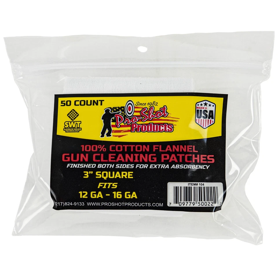 Pro-shot Products 104 Gun Care Flannel Cleaning 50 Count Patches 12 16ga 3 Inch