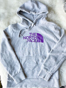 The North Face Grey Hoodie Sweater Purple Logo Women M Pullover Gray Half Dome