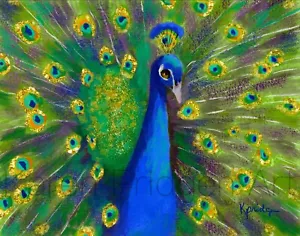 ACEO ATC Art Card Painting Print Signed Bird Peacock Peacocks Nature Animals - Picture 1 of 2