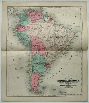 Mapa de América del Sur - Placa de cobre original de 1877 por A. J. Johnson Foto 1 de 3