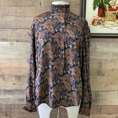 Blusa Camisa Vintage Anos 70 Anos 80 Foxcroft Botão Frente Babado Gola Alta Tamanho 16 - Imagem 1 de 4