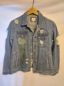 Super Distressed Hand Painted Wax Jean Women's Trucker Jean Jacket Size Medium - Picture 1 of 4