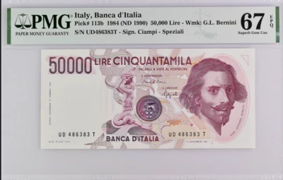 ITALY  1984 (ND 1990)   50,000 Lire  P#113b  PMG 67 EPQ  Superb Gem Unc - Image 1 of 3