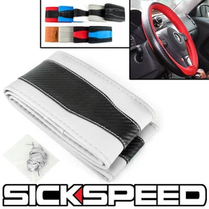 WHITE/BLACK CARBON FIBER STEERING WHEEL COVER GRIP ANTI SLIP FOR 14" 15" CAR P4 - Picture 1 of 1