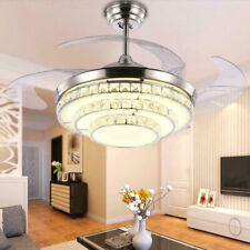 42" Crystal Silver Chandelier Led Remote Control Retractable Ceiling Fans Light