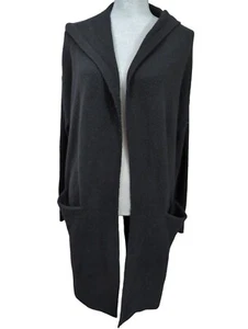 Loft Hooded Duster Cardigan Sweater Womens L Black Open Front Pockets Cozy Soft - Picture 1 of 11