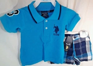 U.S.Polo Assn. Boys 2 piece Short set 3/6 months Blue & Plaid New - Picture 1 of 5