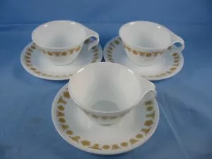 Corelle Butterfly Gold Coffee Tea Cups and Saucers Hook handle, Set of 3 Vintage - Picture 1 of 10