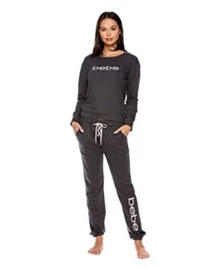 bebe Womens Pajama Sets - French Terry Pajamas for Large Charcoal W/ Pockets - Picture 1 of 7