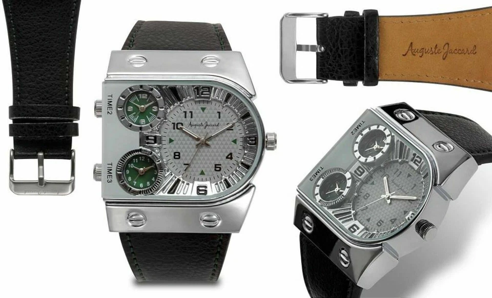 NUEVO Reloj Auguste Jaccard J09 Para Hombre Travers Tres Zonas Horarias Único Divertido Plateado 30M Foto 1 de 1