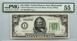 1928A $50 Federal Reserve Note Minneapolis FR# 2101-ldgs PMG AU55 - Picture 1 of 2