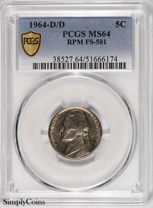 1964-D/D RPM FS-501 Jefferson Nickel PCGS MS64 ~ RARE! 1 OF 4 IN 64! TrueView - Picture 1 of 3
