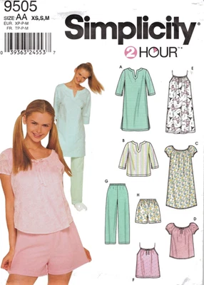 Misses 2-Hour Sleepwear, Nightgowns Pajamas Simplicity Pattern 9505 Sizes XS S M - Image 1 of 2